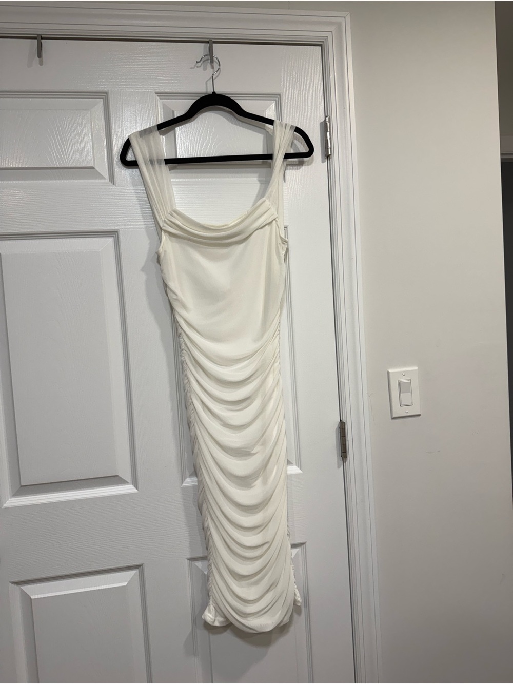 Elegant Ivory Ruched Midi Dress with Sheer Straps (off the shoulder)